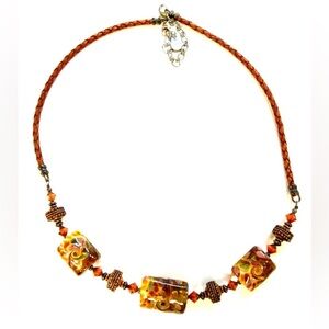 925 Vintage Millefiori Style Whimsy Swirl Sterling Silver Clasp Leather Necklace